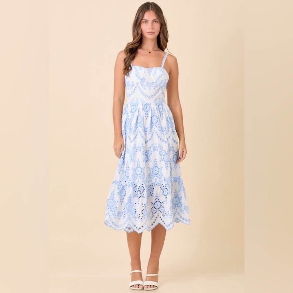 Eyelet Tiered Midi Dress with Scallop Hem - Main Strip - Picture 7 of 7